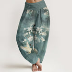 Buddha Stones Crane Blooming Flowers High Waist Women's Harem Pure Cotton Pants