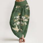 Buddha Stones Crane Blooming Flowers High Waist Women's Harem Pure Cotton Pants