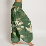 Buddha Stones Crane Blooming Flowers High Waist Women's Harem Pure Cotton Pants