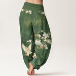 Buddha Stones Crane Blooming Flowers High Waist Women's Harem Pure Cotton Pants
