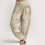 Buddha Stones Crane Blooming Flowers High Waist Women's Harem Pure Cotton Pants