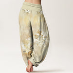 Buddha Stones Crane Blooming Flowers High Waist Women's Harem Pure Cotton Pants