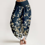 Buddha Stones Bird Bamboo Pattern Cotton Women's Harem High Elastic Waist Pants