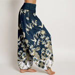 Buddha Stones Bird Bamboo Pattern Cotton Women's Harem High Elastic Waist Pants