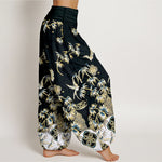 Buddha Stones Bird Bamboo Pattern Cotton Women's Harem High Elastic Waist Pants