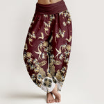Buddha Stones Bird Bamboo Pattern Cotton Women's Harem High Elastic Waist Pants
