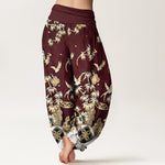 Buddha Stones Bird Bamboo Pattern Cotton Women's Harem High Elastic Waist Pants