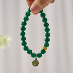 Buddha Stones Natural Green Agate Yellow Agate Lotus Charm Success Beaded Bracelet