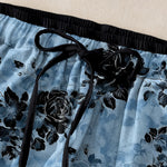 Buddha Stones Pure Cotton Rose Pattern Elastic Waist Drawstring Women's Pants With Pockets