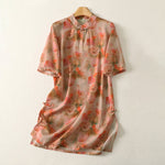 Buddha Stones Summer Floral Print Mandarin Collar Frog Button Women's Short Sleeve Mini Dress