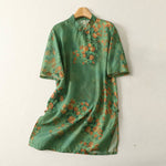 Buddha Stones Summer Floral Print Mandarin Collar Frog Button Women's Short Sleeve Mini Dress