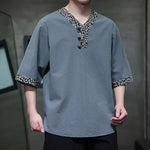 Buddha Stones Summer Casual Mandarin Collar Frog Button Cotton Men's Short Sleeve Shirt
