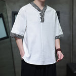 Buddha Stones Summer Casual Mandarin Collar Frog Button Cotton Men's Short Sleeve Shirt