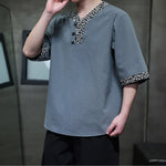 Buddha Stones Summer Casual Mandarin Collar Frog Button Cotton Men's Short Sleeve Shirt