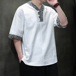 Buddha Stones Summer Casual Mandarin Collar Frog Button Cotton Men's Short Sleeve Shirt