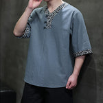 Buddha Stones Summer Casual Mandarin Collar Frog Button Cotton Men's Short Sleeve Shirt