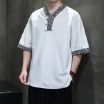 Buddha Stones Summer Casual Mandarin Collar Frog Button Cotton Men's Short Sleeve Shirt