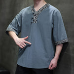 Buddha Stones Summer Casual Mandarin Collar Frog Button Cotton Men's Short Sleeve Shirt