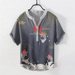 Buddha Stones Cotton Koi Fish Red Sun Cloud Emblem Men's Short Sleeve Half Button Shirt