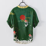 Buddha Stones Cotton Koi Fish Red Sun Cloud Emblem Men's Short Sleeve Half Button Shirt