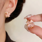 Buddha Stones Rotatable Design Four-Leaf Flower Pink Cat's Eye Support Stud Earrings