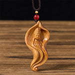 Buddha Stones Guanyin Kwan Yin Avalokiteśvara Lotus Leaf Platycladus Orientalis Wood Wealth Necklace Pendant