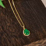 Buddha Stones 925 Sterling Silver Chain Retro Green Agate Copper Teardrop Luck Wealth Necklace Pendant