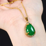 Buddha Stones 925 Sterling Silver Chain Retro Green Agate Copper Teardrop Luck Wealth Necklace Pendant