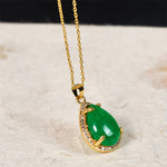 Buddha Stones 925 Sterling Silver Chain Retro Green Agate Copper Teardrop Luck Wealth Necklace Pendant