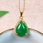 Buddha Stones 925 Sterling Silver Chain Retro Green Agate Copper Teardrop Luck Wealth Necklace Pendant