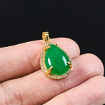 Buddha Stones 925 Sterling Silver Chain Retro Green Agate Copper Teardrop Luck Wealth Necklace Pendant