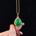 Buddha Stones 925 Sterling Silver Chain Retro Green Agate Copper Teardrop Luck Wealth Necklace Pendant