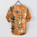Buddha Stones Cotton Crane Cloud Motif Pattern Men's Short Sleeve Half Button Shirt