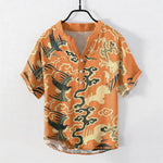 Buddha Stones Cotton Crane Cloud Motif Pattern Men's Short Sleeve Half Button Shirt
