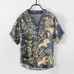 Buddha Stones Cotton Crane Cloud Motif Pattern Men's Short Sleeve Half Button Shirt