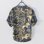 Buddha Stones Cotton Crane Cloud Motif Pattern Men's Short Sleeve Half Button Shirt