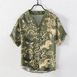 Buddha Stones Cotton Crane Cloud Motif Pattern Men's Short Sleeve Half Button Shirt