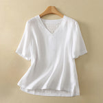 Buddha Stones Summer Minimalist V Neck Solid Women's Short Sleeve T-Shirts