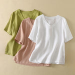 Buddha Stones Summer Minimalist V Neck Solid Women's Short Sleeve T-Shirts