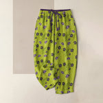 Buddha Stones Pure Cotton Purple Floral Leaf Pattern Women's Elastic Waist Pants With Pockets