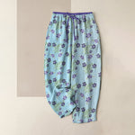 Buddha Stones Pure Cotton Purple Floral Leaf Pattern Women's Elastic Waist Pants With Pockets