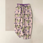 Buddha Stones Pure Cotton Purple Floral Leaf Pattern Women's Elastic Waist Pants With Pockets