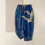 Buddha Stones Pure Cotton Crane Lotus Pattern Women's Elastic Waist Pants With Pockets
