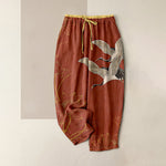 Buddha Stones Pure Cotton Crane Lotus Pattern Women's Elastic Waist Pants With Pockets
