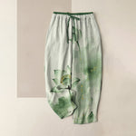 Buddha Stones Pure Cotton Lotus Gold Fleck Pattern Women's Elastic Waist Pants With Pockets