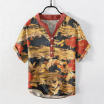 Buddha Stones Cotton Vintage White Crane Peony Pattern Men's Short Sleeve Half Button Shirt