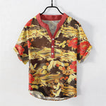 Buddha Stones Cotton Vintage White Crane Peony Pattern Men's Short Sleeve Half Button Shirt