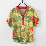 Buddha Stones Cotton Vintage White Crane Peony Pattern Men's Short Sleeve Half Button Shirt