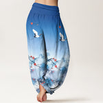 Buddha Stones Pure Cotton Blue Ombre Crane Blossom Pattern Women's Elastic Waist Harem Pants