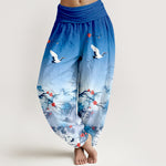 Buddha Stones Pure Cotton Blue Ombre Crane Blossom Pattern Women's Elastic Waist Harem Pants